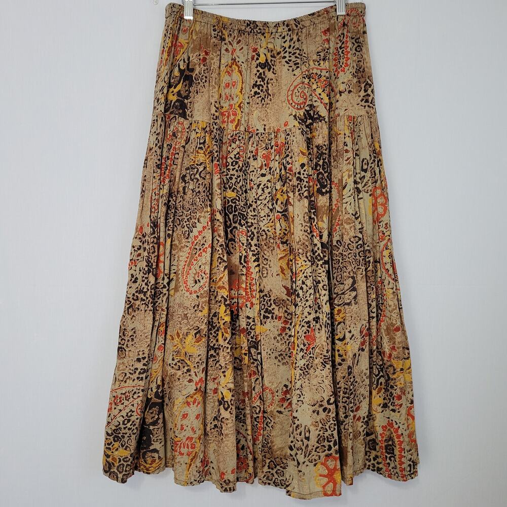 Vintage Mixed Print Pull On Midi Skirt size L Multicolor Earthy Tones Boho Y2K